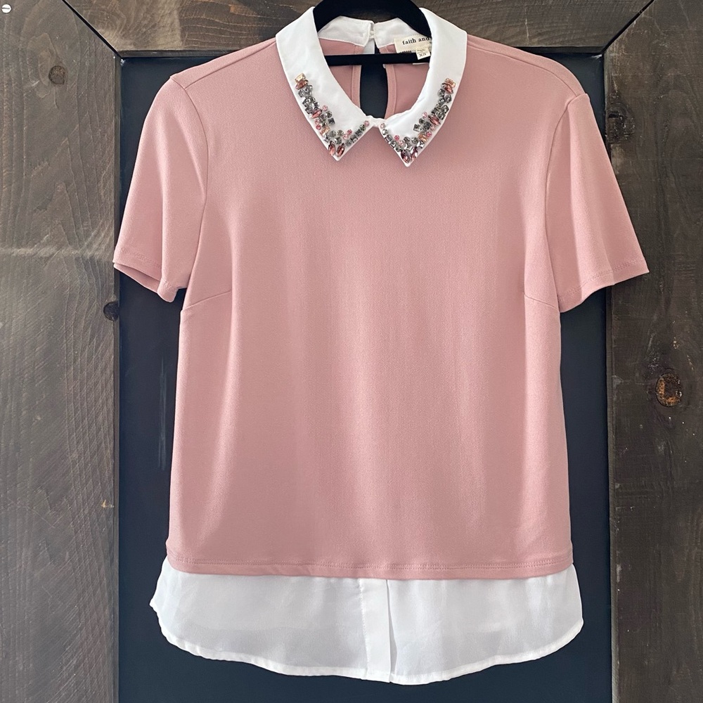 Pink and White Rhinestone Collar Blouse